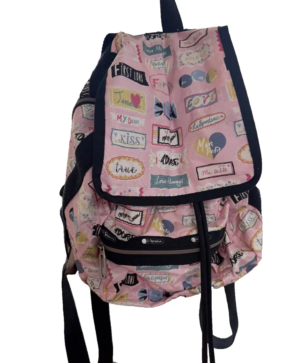 LeSportsac Small Mini Backpack Love Print Cinch Top Snap Closure Zipped Pockets